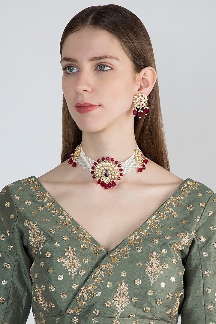 Gold Plated Enamelled Peacock Necklace Set by Aster