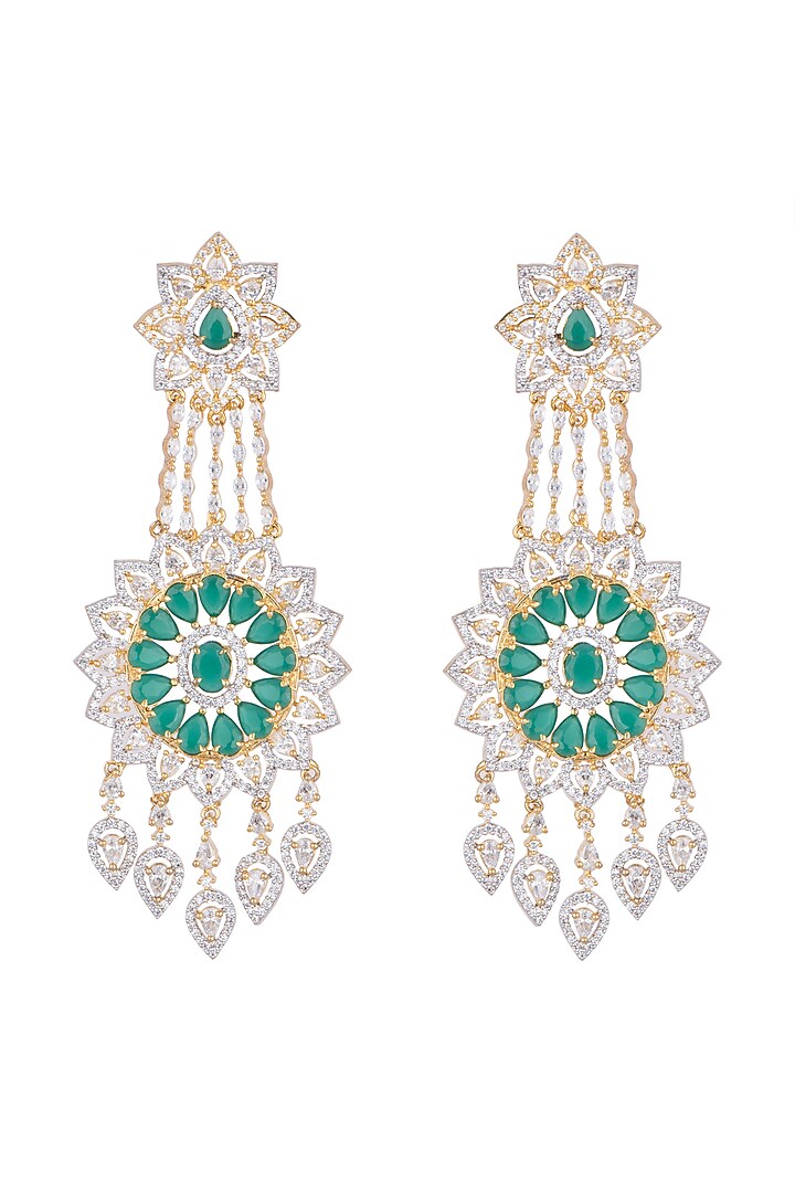 White Finish Green Stone Long Earrings by Aster at Pernia's Pop Up Shop