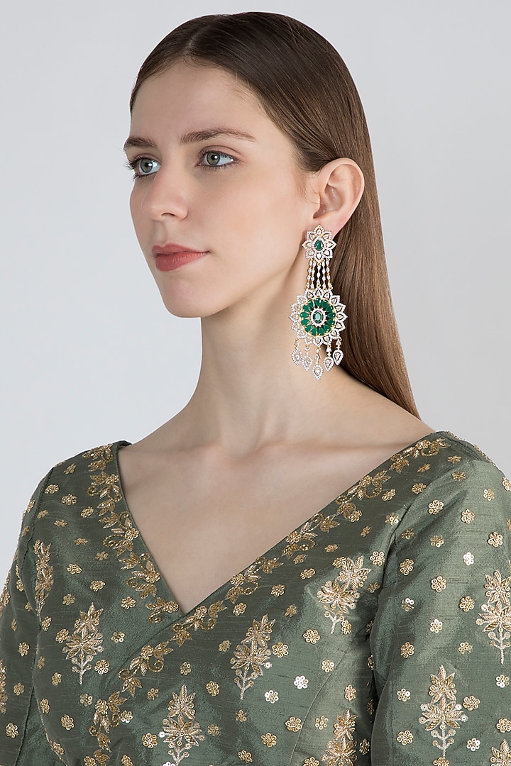 White Finish Green Stone Long Earrings by Aster at Pernia's Pop Up Shop