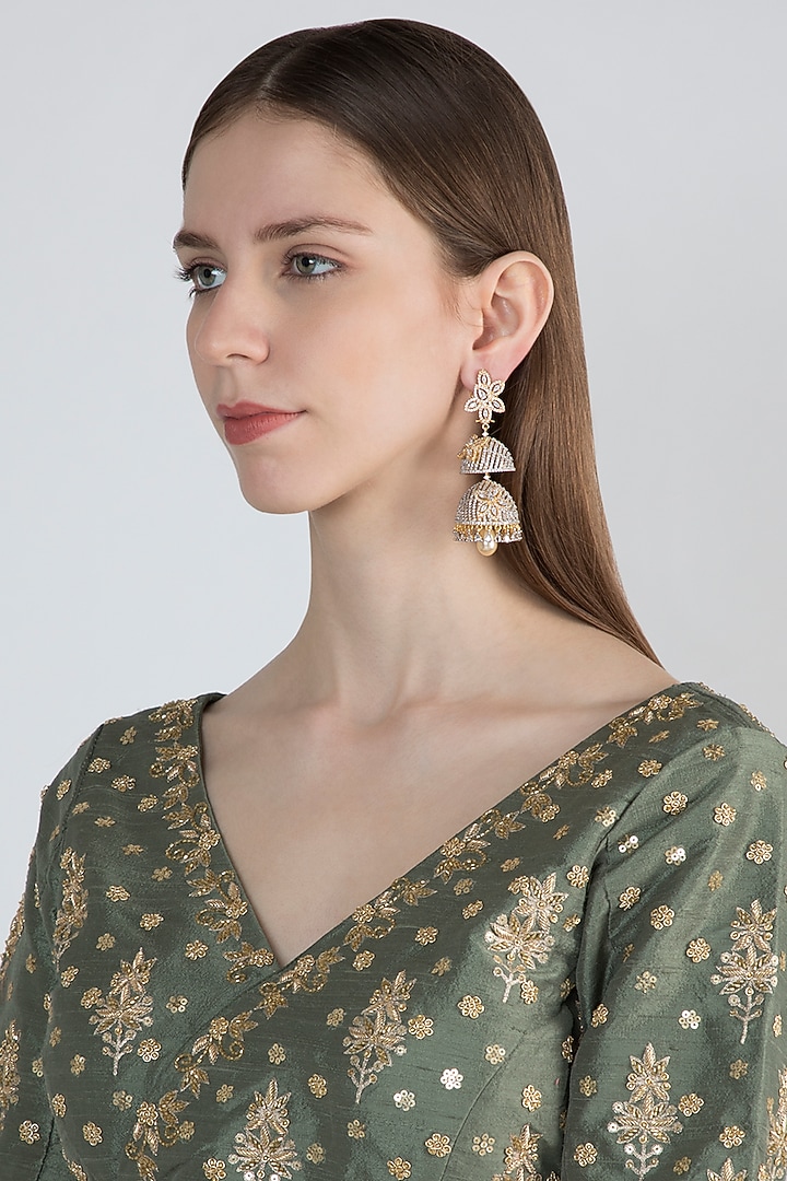 Gold Finish Jhumki Earrings With Faux Pearls by Aster at Pernia's Pop Up Shop