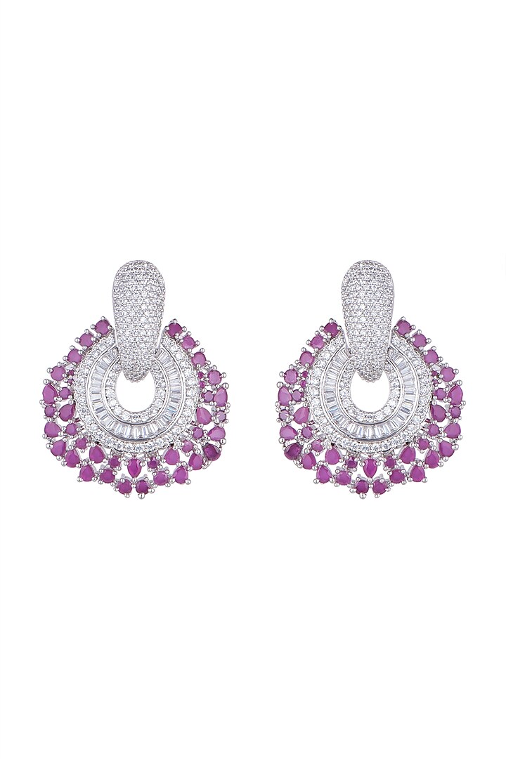 White Finish Earrings With Dark Pink Stones by Aster at Pernia's Pop Up Shop