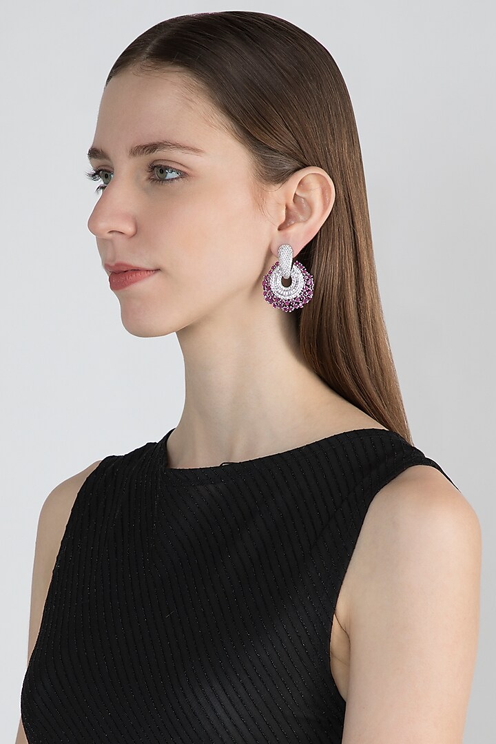 White Finish Earrings With Dark Pink Stones by Aster