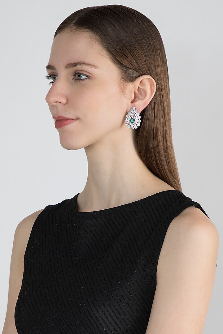 White Finish Earring Tops With Green Stones by Aster