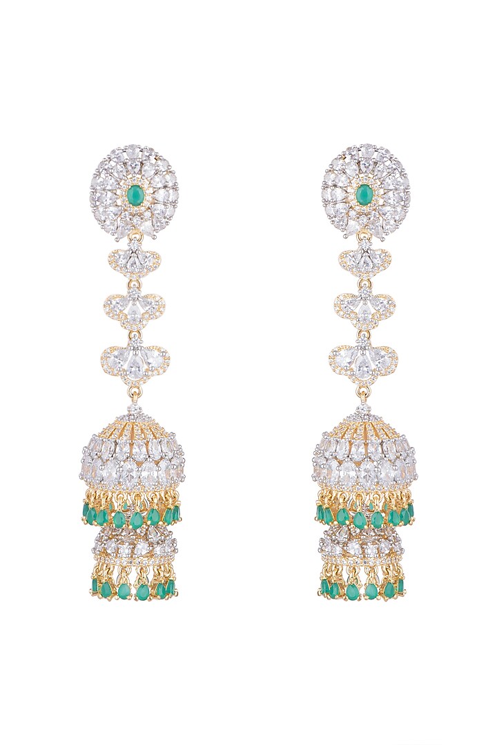 Gold Finish Long Jhumki Earrings With Green Stones by Aster at Pernia's Pop Up Shop