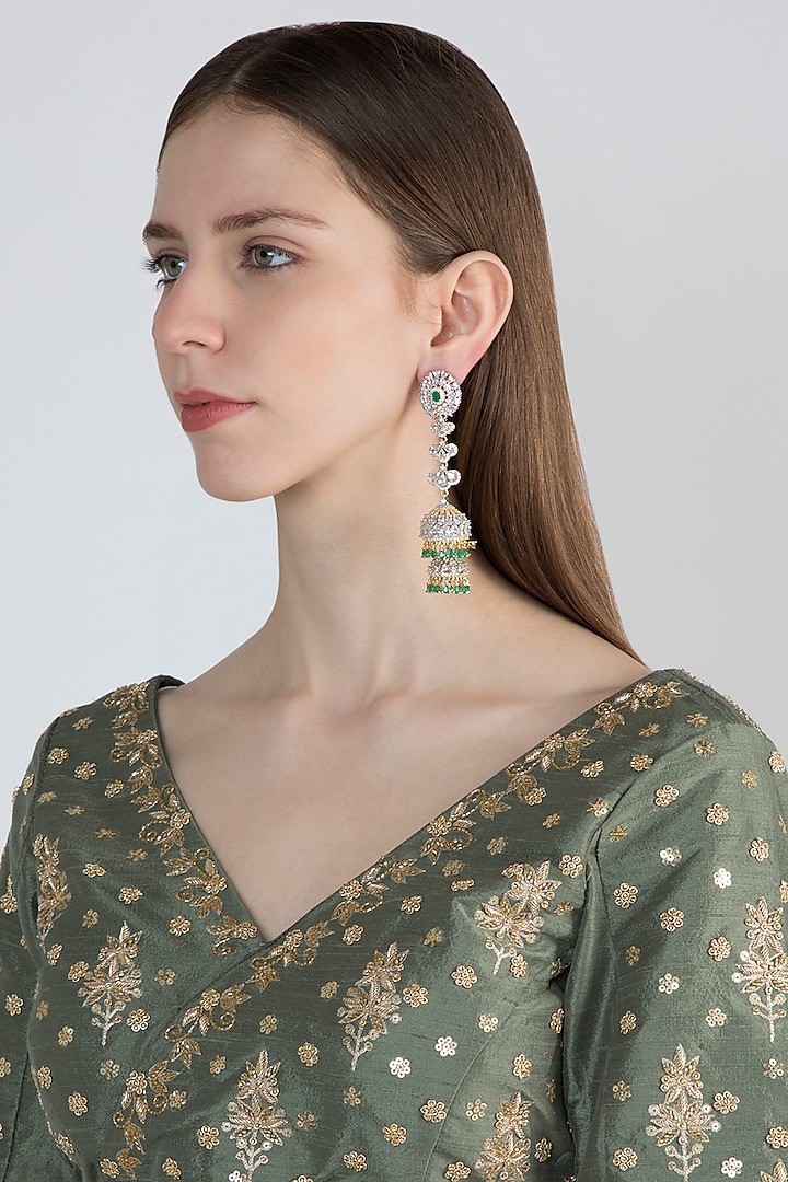 Gold Finish Long Jhumki Earrings With Green Stones by Aster