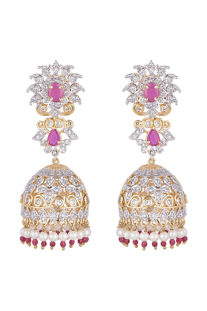 Gold Finish Jhumki Earrings With Dark Pink Stones by Aster at Pernia's Pop Up Shop
