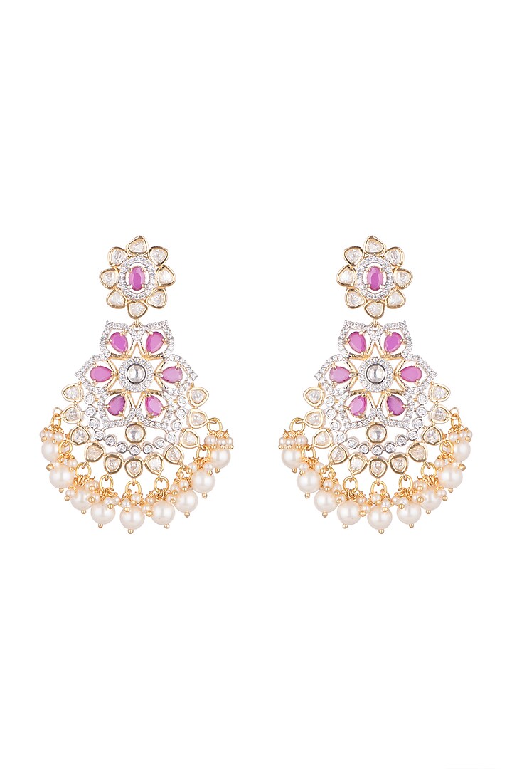 Gold Finish Kundan Earrings With Dark Pink Stones by Aster at Pernia's Pop Up Shop