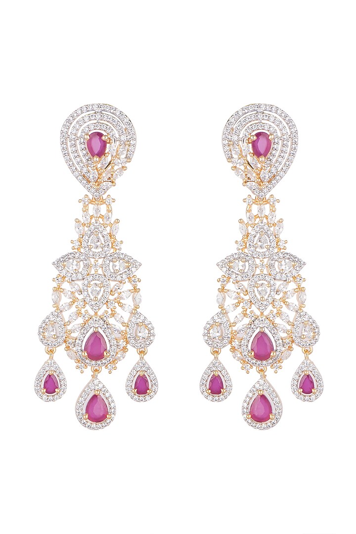 Gold Finish Earrings With Dark Pink Stones by Aster at Pernia's Pop Up Shop