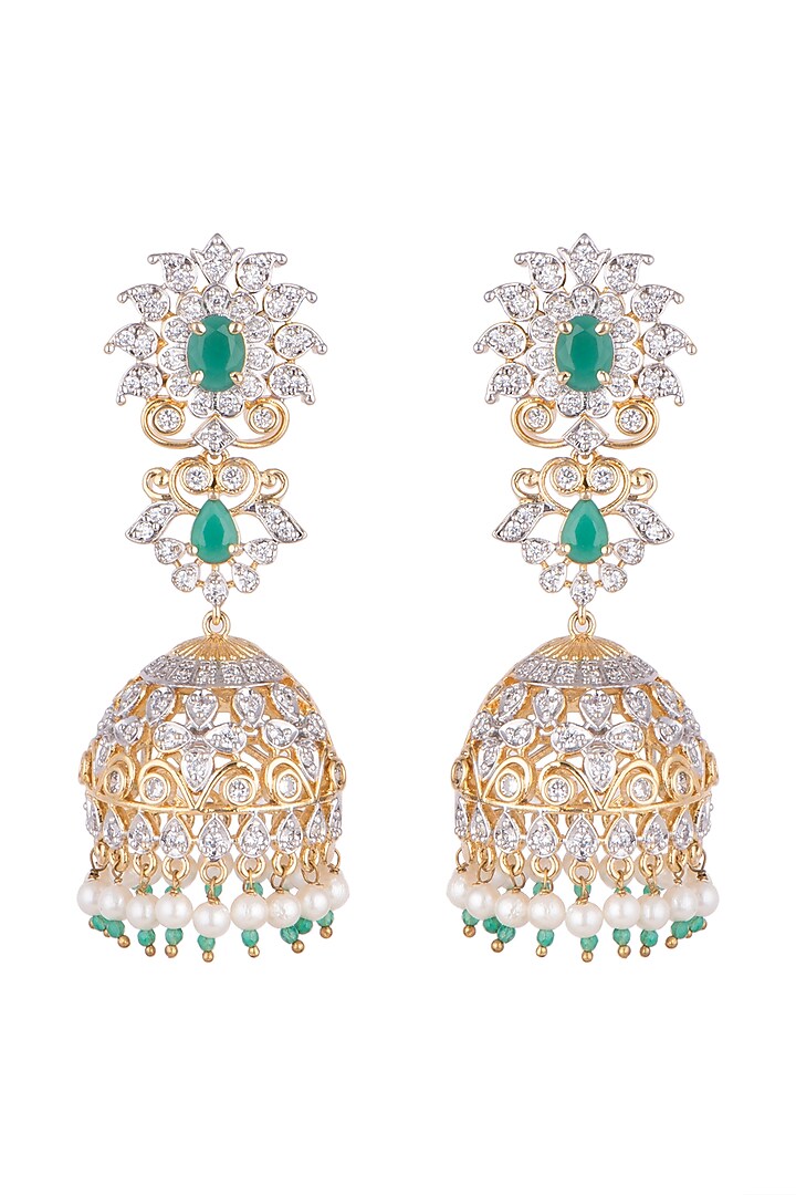 Gold Finish Jhumki Earrings With Green Stones by Aster at Pernia's Pop Up Shop