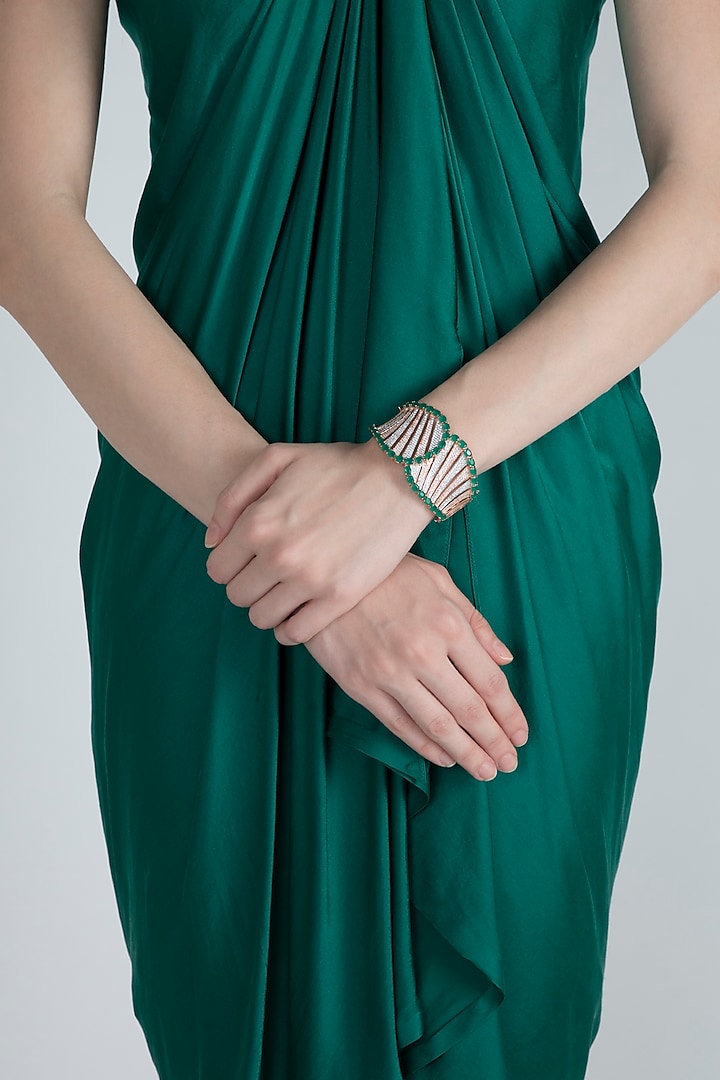 Rose Gold Finish Openable Kada Bracelet With Green Stone by Aster
