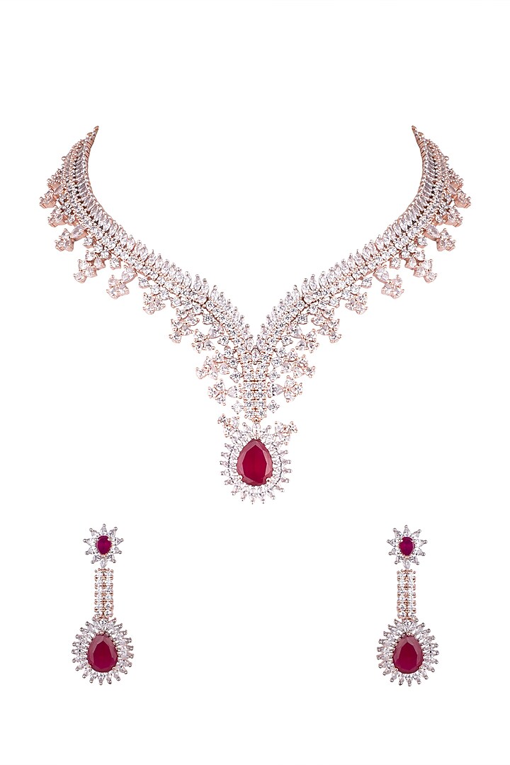 Rose Gold Finish Faux Diamonds & Stones Necklace Set by Aster at Pernia's Pop Up Shop
