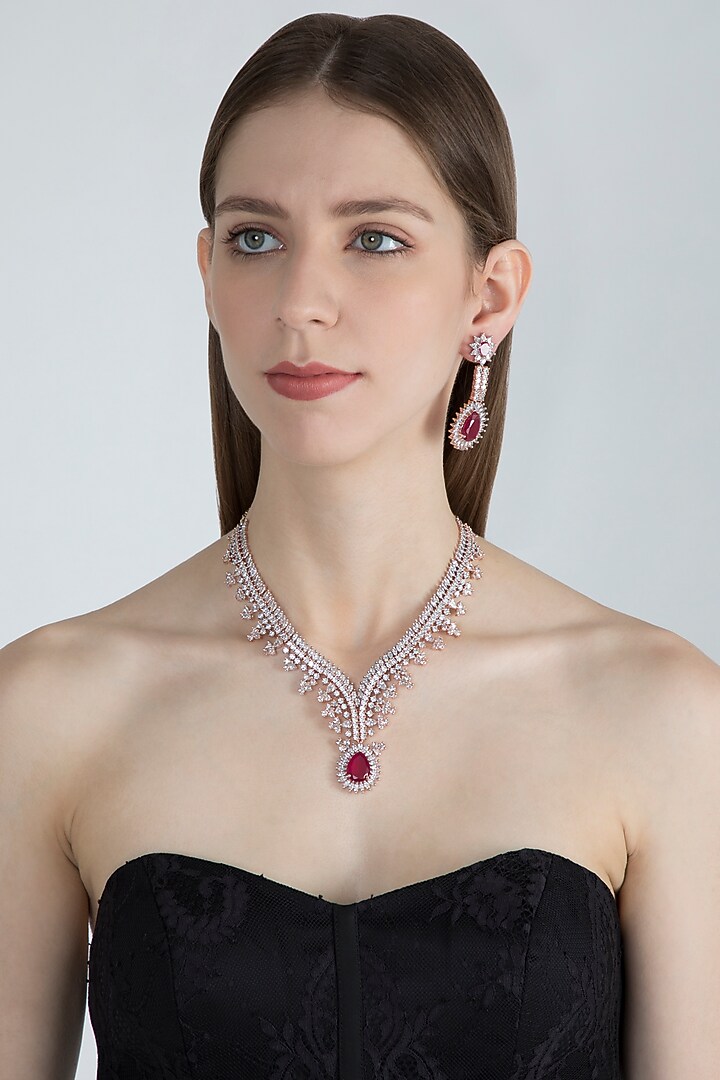 Rose Gold Finish Faux Diamonds & Stones Necklace Set by Aster at Pernia's Pop Up Shop