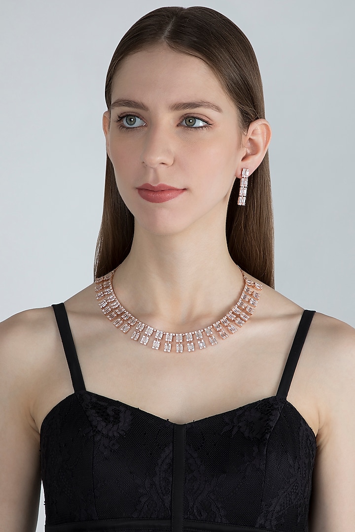 Rose Gold Finish Faux Diamonds Necklace Set by Aster