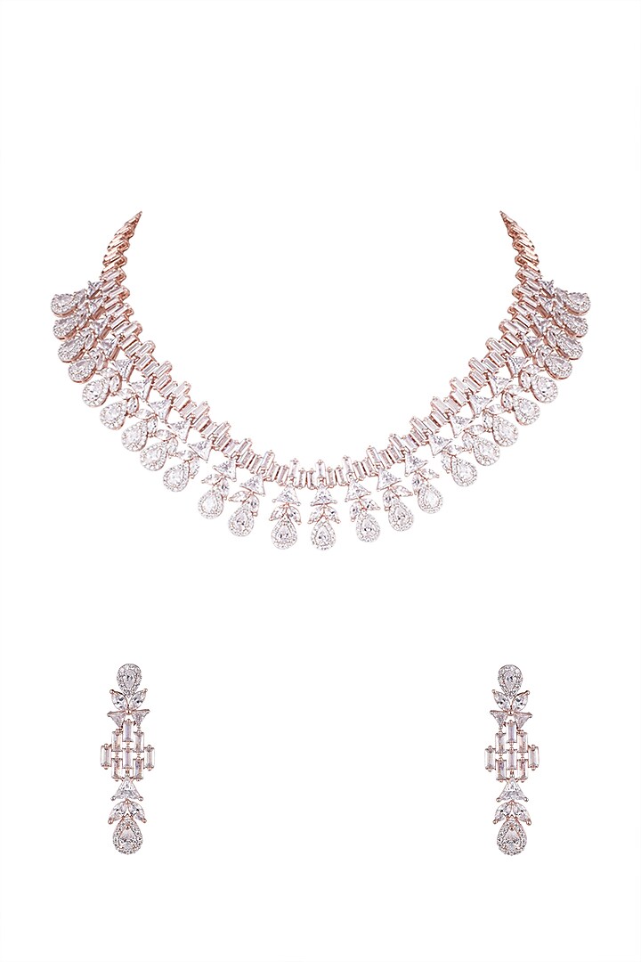 Rose Gold Finish Necklace Set With Faux Diamonds by Aster at Pernia's Pop Up Shop