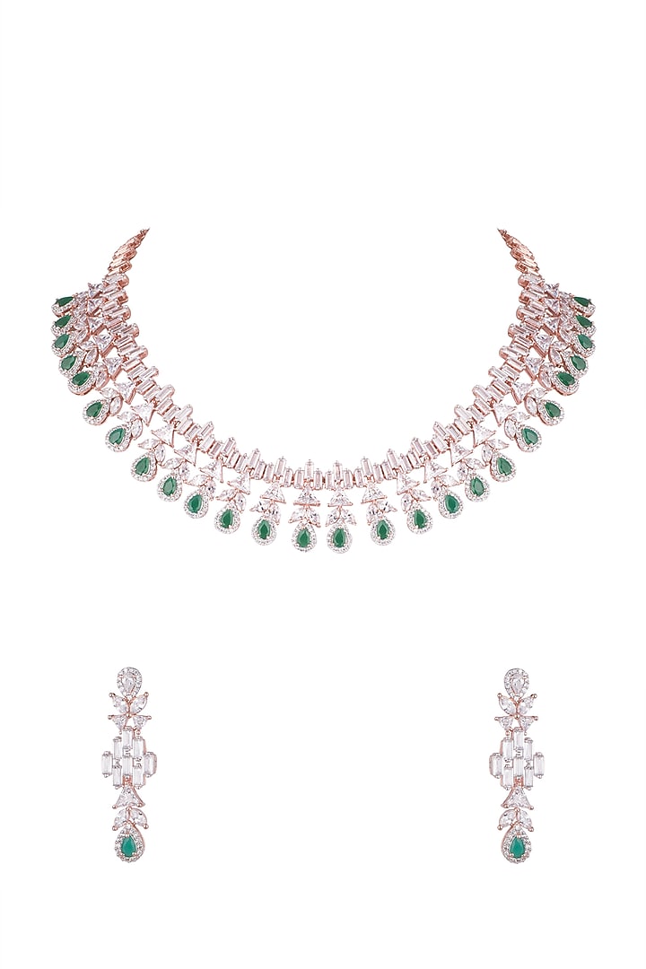Rose Gold Finish Faux Diamonds & Green Stones Necklace Set by Aster at Pernia's Pop Up Shop