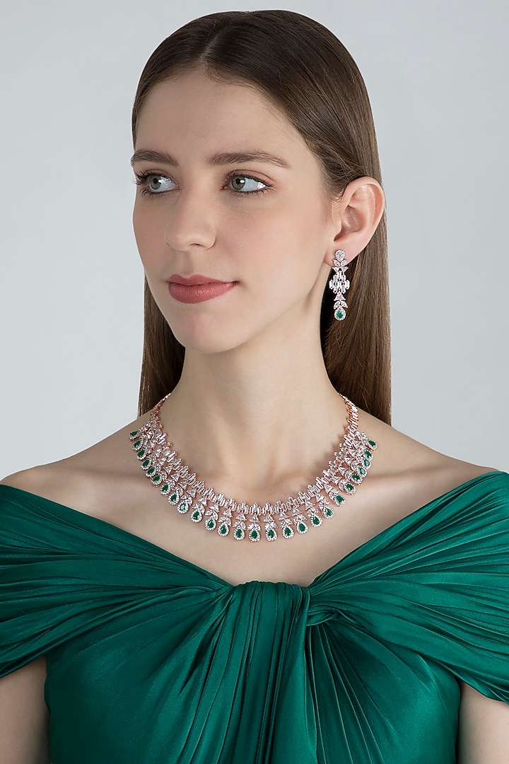 Rose Gold Finish Faux Diamonds & Green Stones Necklace Set by Aster at Pernia's Pop Up Shop