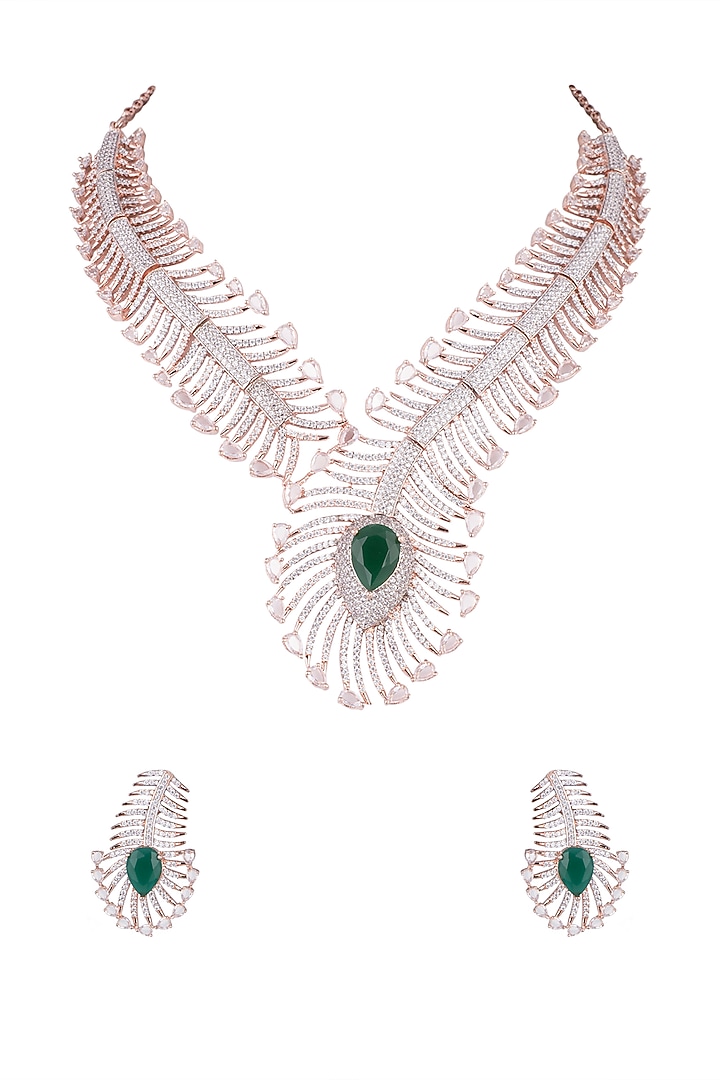 Rose Gold Finish Stones & Faux Diamonds Necklace Set by Aster at Pernia's Pop Up Shop