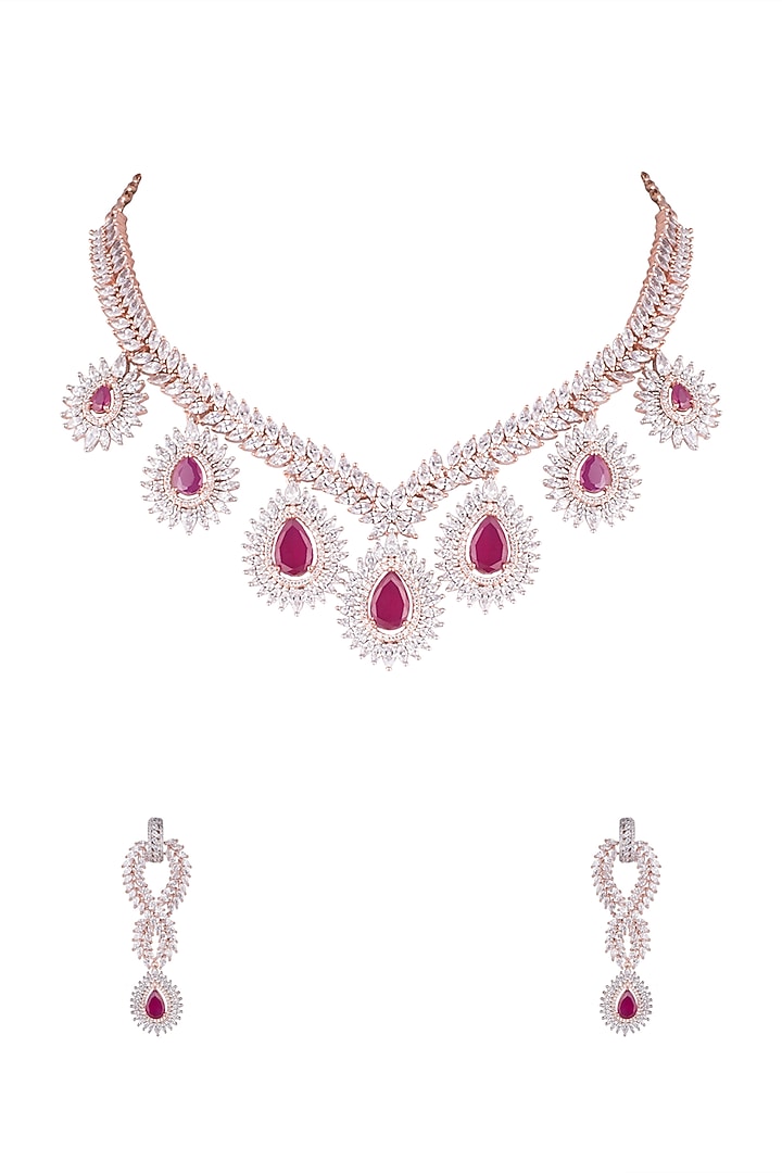 Rose Gold Finish Red Stones & Faux Diamonds Necklace Set Design by