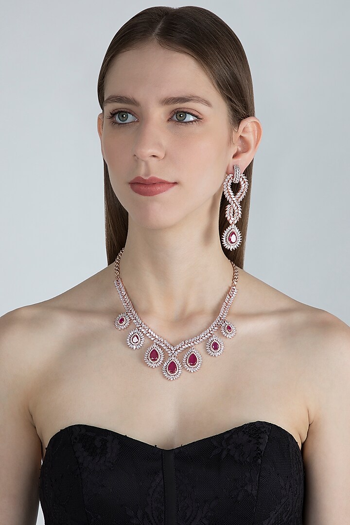 Rose Gold Finish Red Stones & Faux Diamonds Necklace Set by Aster