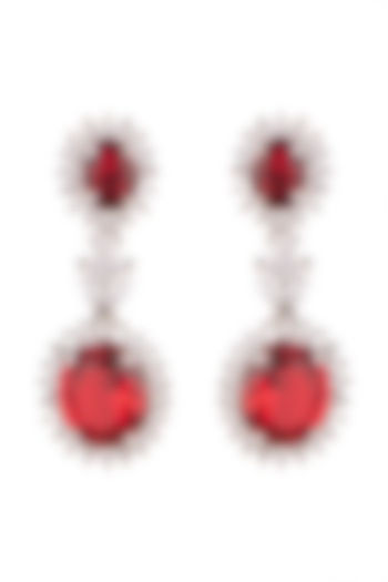 White Finish Red Stone Dangler Earrings by Aster
