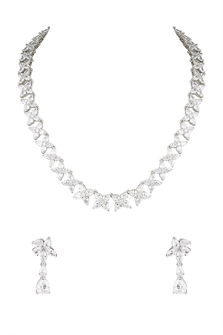 White Finish Diamond Collar Necklace Set by Aster