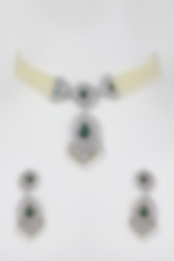 White Finish Zircon & Green Stone Choker Necklace Set by Aster at Pernia's Pop Up Shop