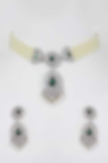 White Finish Zircon & Green Stone Choker Necklace Set by Aster