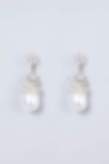 White Finish Pearl Drop & Diamond Earrings by Aster