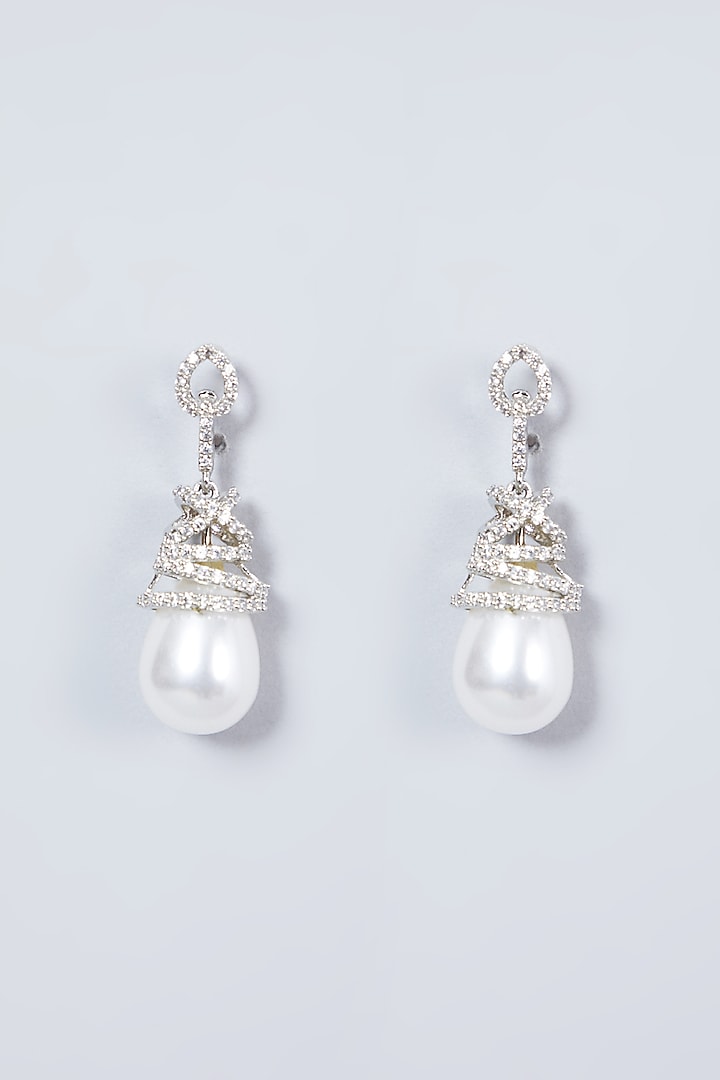 White Finish Pearl Drop & Diamond Earrings by Aster
