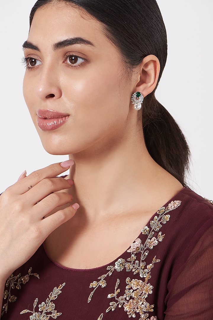 White Finish Zircon & Pearl Earrings by Aster at Pernia's Pop Up Shop
