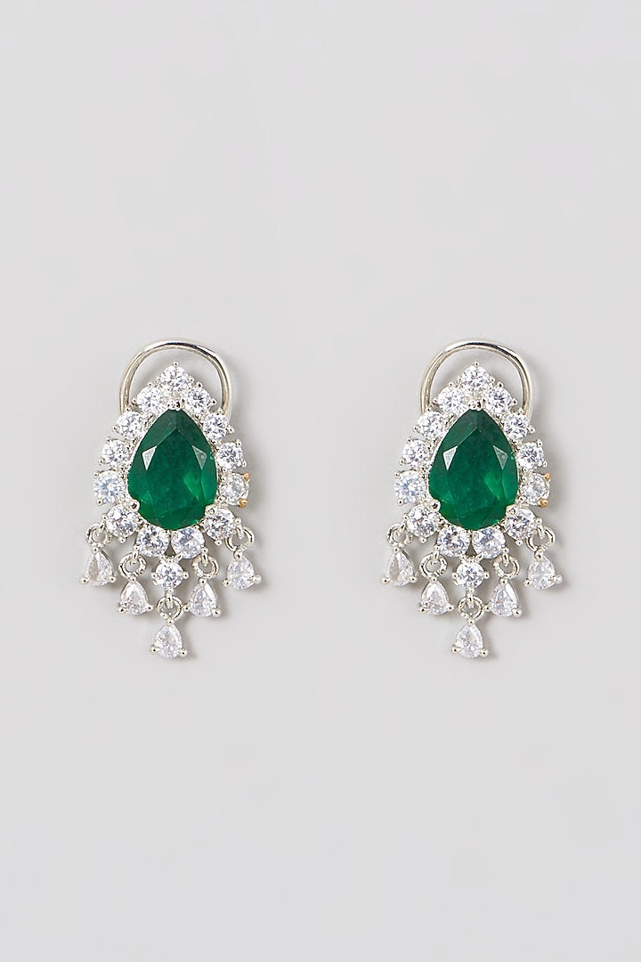 White Finish Zircon & Green Synthetic Stone Earrings by Aster at Pernia's Pop Up Shop
