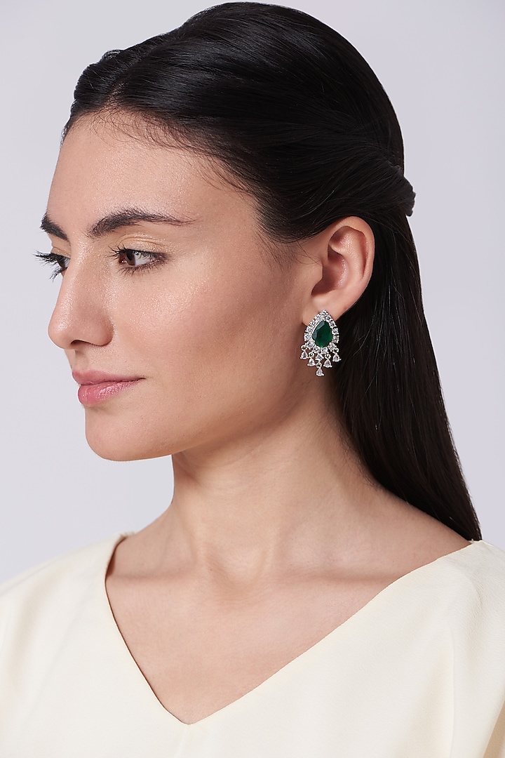 White Finish Zircon & Green Synthetic Stone Earrings by Aster