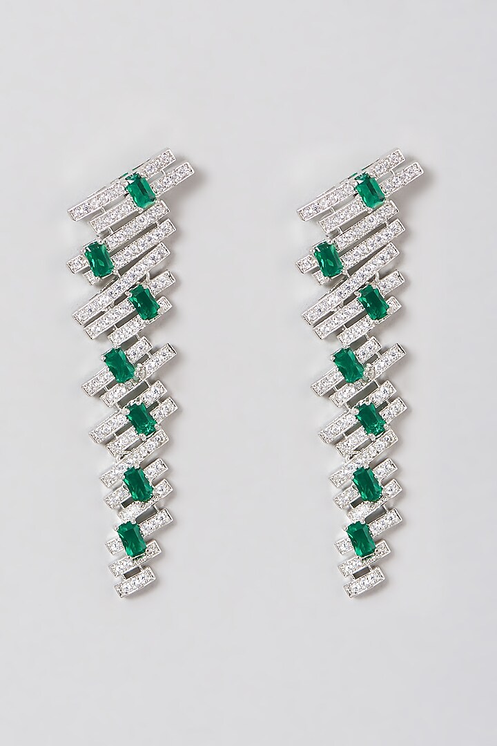 White Finish Zircon & Green Stone Earrings by Aster at Pernia's Pop Up Shop