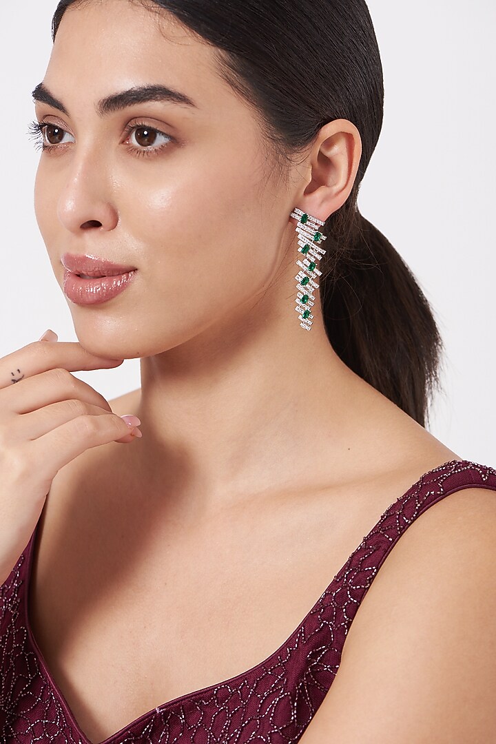 White Finish Zircon & Green Stone Earrings by Aster at Pernia's Pop Up Shop
