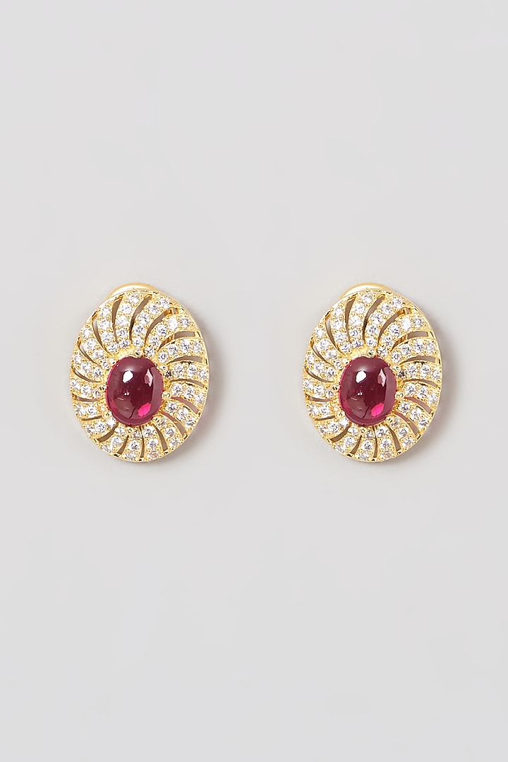 Gold Finish Zircon & Red Stones Stud Earrings by Aster at Pernia's Pop Up Shop