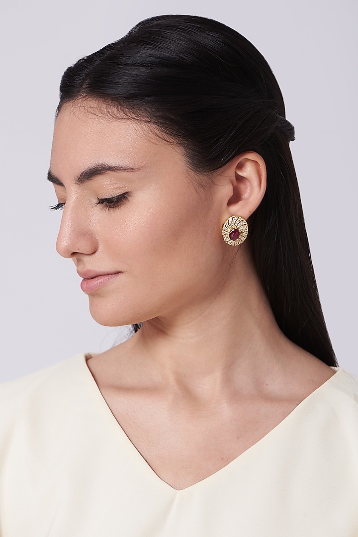 Gold Finish Zircon & Red Stones Stud Earrings by Aster at Pernia's Pop Up Shop