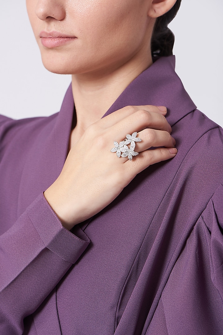 White Finish Zircon Floral Ring by Aster at Pernia's Pop Up Shop