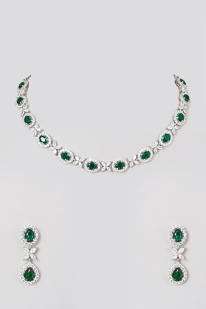White Finish Green Stones & Zircon Necklace Set by Aster at Pernia's Pop Up Shop