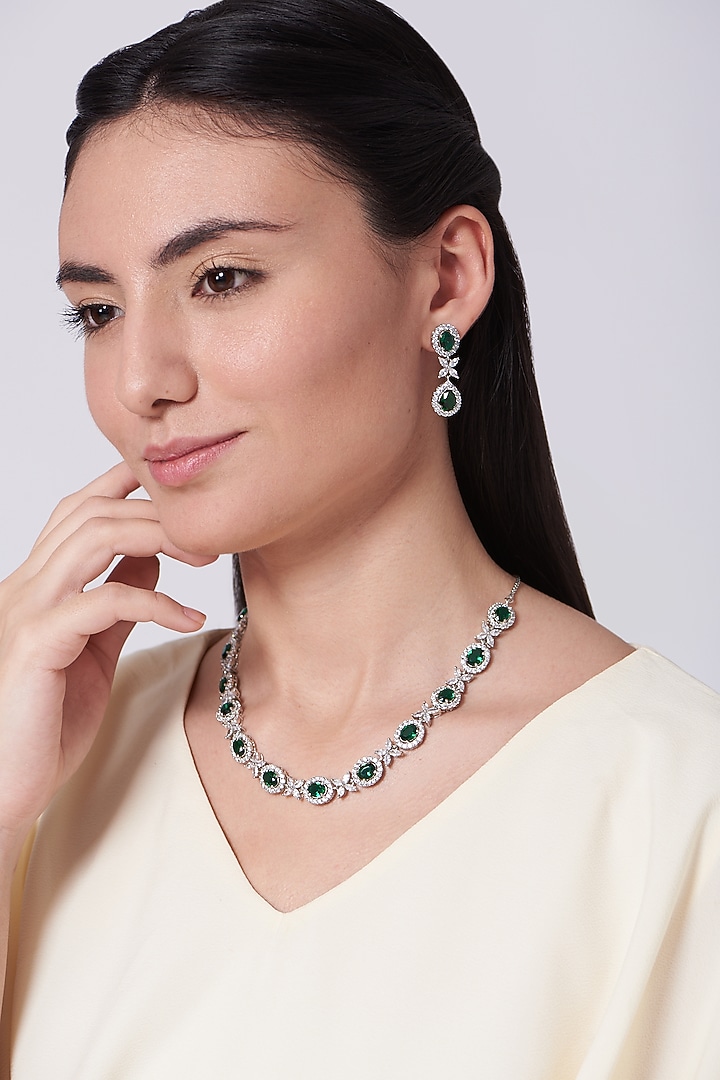 White Finish Green Stones & Zircon Necklace Set by Aster at Pernia's Pop Up Shop