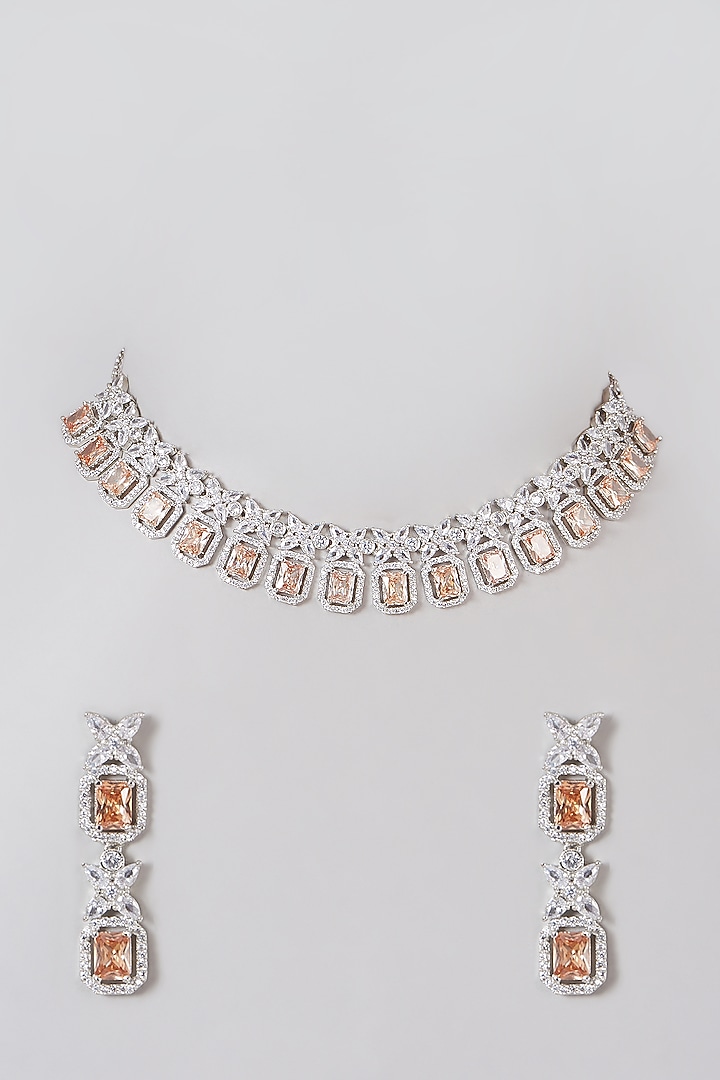 White Finish Zircon & Champagne Stone Necklace Set by Aster at Pernia's Pop Up Shop