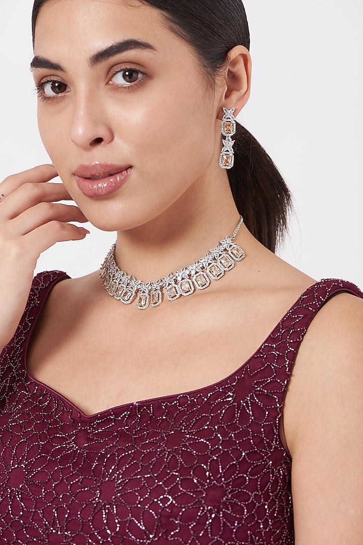 White Finish Zircon & Champagne Stone Necklace Set by Aster at Pernia's Pop Up Shop