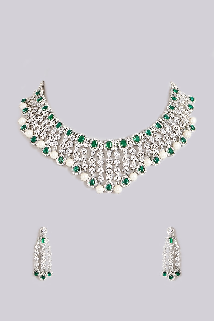 White Finish Faux Diamond Necklace Set by Aster at Pernia's Pop Up Shop