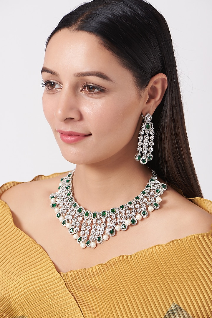 White Finish Faux Diamond Necklace Set by Aster at Pernia's Pop Up Shop