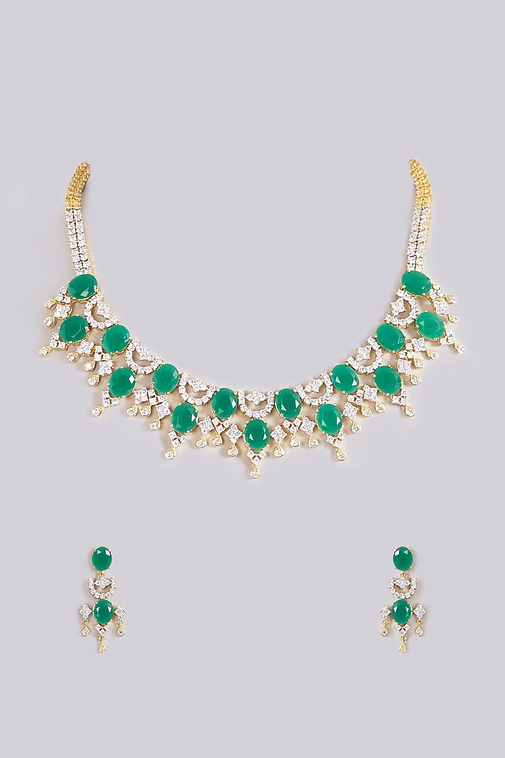 Gold Finish Zircon & Green Synthetic Stone Necklace Set by Aster at Pernia's Pop Up Shop