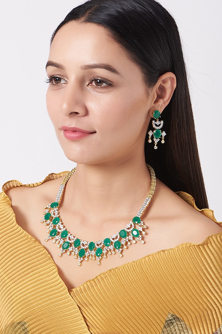 Gold Finish Zircon & Green Synthetic Stone Necklace Set by Aster at Pernia's Pop Up Shop