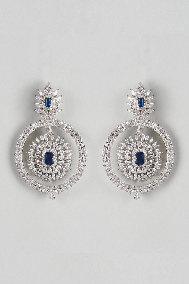 White Finish Zircon & Blue Stone Dangler Earrings by Aster at Pernia's Pop Up Shop