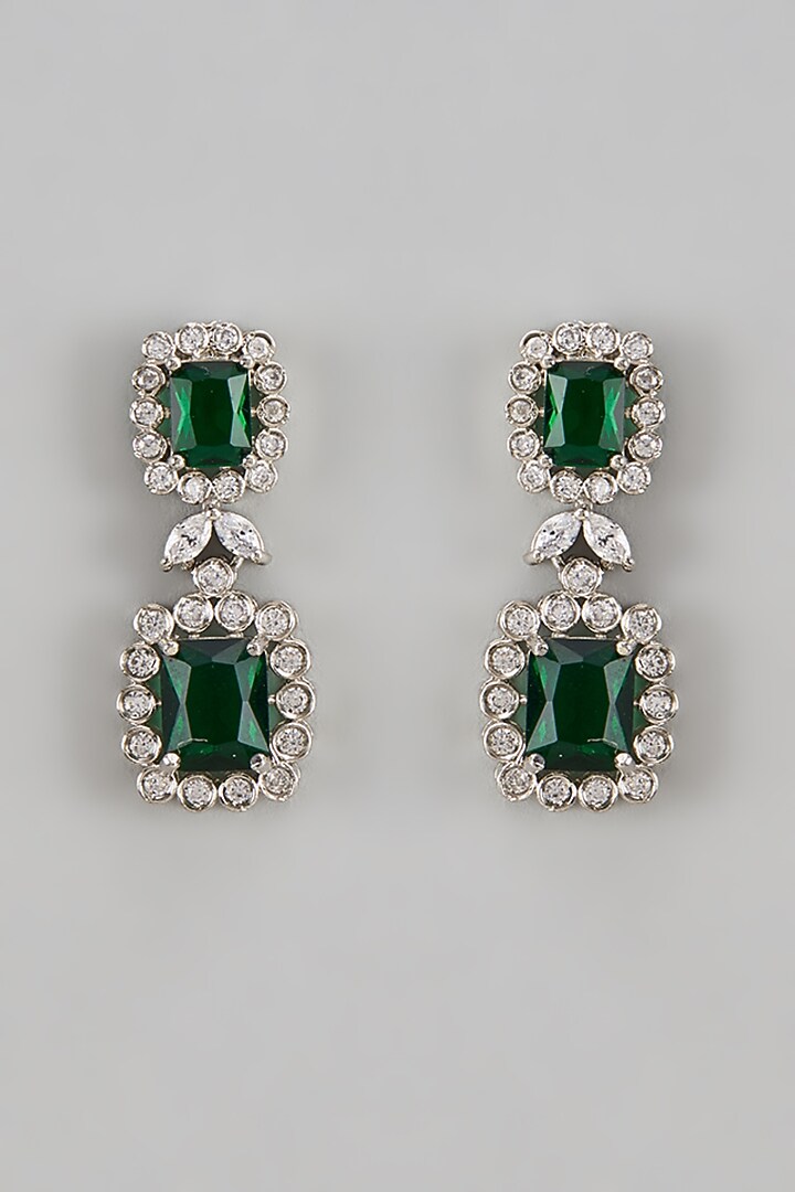 White Finish Zircon & Emerald Stone Dangler Earrings by Aster at Pernia's Pop Up Shop