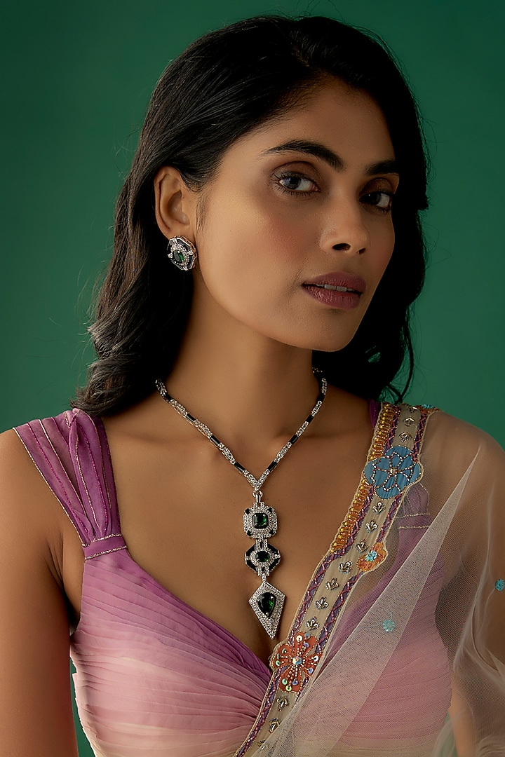 White Finish Zircon & Emerald Long Necklace Set by Aster at Pernia's Pop Up Shop