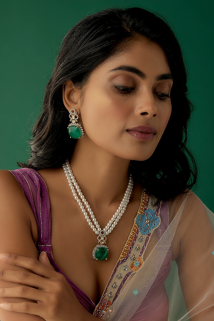 White Finish Zircon & Emerald Necklace Set by Aster at Pernia's Pop Up Shop