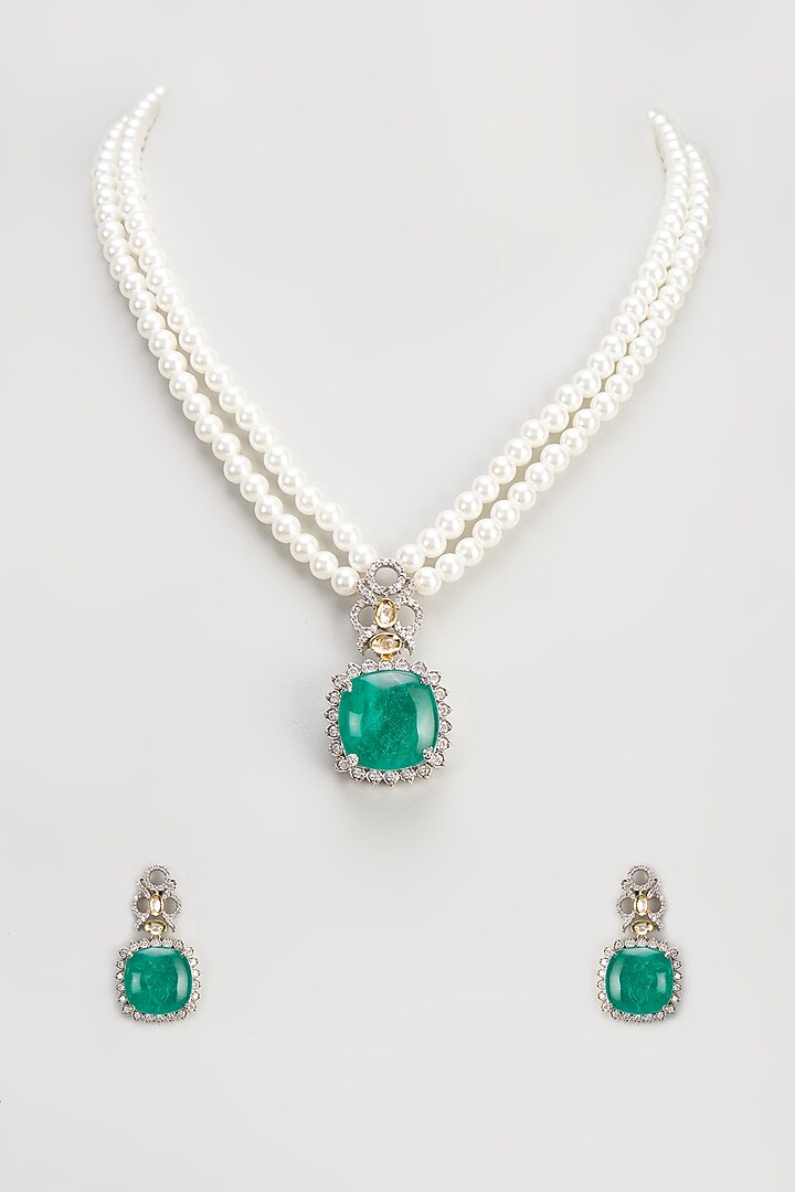 White Finish Zircon & Emerald Necklace Set by Aster at Pernia's Pop Up Shop